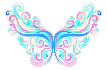 Pair of magical fairy wings. Hand-drawn vector illustration isolated. Trendy magic print, alchemy, mystery, divine goddess. Rainbow colors. Halloween costume. Sticker, pin.