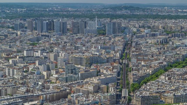 Top view of Paris skyline from observation deck of Montparnasse tower timelapse. Main landmarks of european megapolis. Paris, France