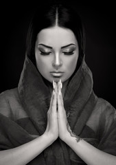  Studio, face, closed eyes, shawl, drawing mehendi, prayer, black and white