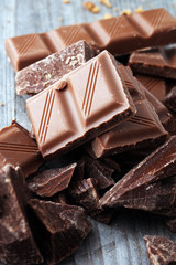 Dark Chocolate chunks and stacked broken chocolate bar.