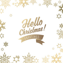 Handwritten Hello Christmas illustration with golden snowflakes - golden version