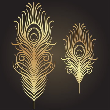 Set of two isolated feathers. Retro hand drawn vector illustration. Art deco style. Vector. Roaring 1920's design. Jazz era inspired . 20's. Vintage Temporary tattoo design