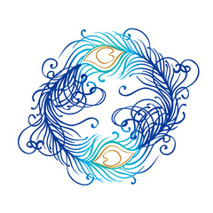 Vector illustration of beautiful peacock feather set isolated on a white background. Trendy hipster background, logotype, tattoo design element. Colorful gradient.