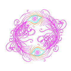 Vector illustration of beautiful peacock feather set isolated on a white background. Trendy hipster background, logotype, tattoo design element. Colorful gradient.