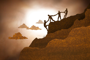 Three man are helping their friend climbing peak ,made from brown paper in silhouette style.