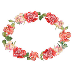 Wildflower rose flower wreath in a watercolor style. Full name of the plant: rose. Aquarelle wild flower for background, texture, wrapper pattern, frame or border.