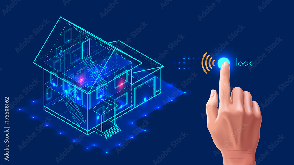 Poster Security system of smart home. 3d house plan x-ray. Control locks the doors and windows over the internet with smartphone application. Home protection wireless system. VECTOR