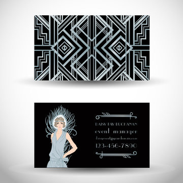 Retro fashion. Costume party or mafia game discount banner template. Flapper girl. Vintage background set (1920's style). Vector illustration for party, wedding.