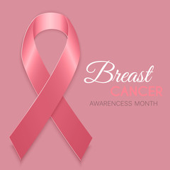 Breast cancer awareness month symbol emblem with vector pink ribbon sign on pink background