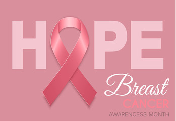 Breast cancer awareness month symbol emblem with vector pink ribbon sign on pink background