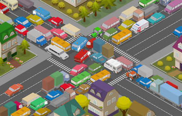 Traffic Jam. Isometric Cars and Houses for Illustration Of Busy Road.