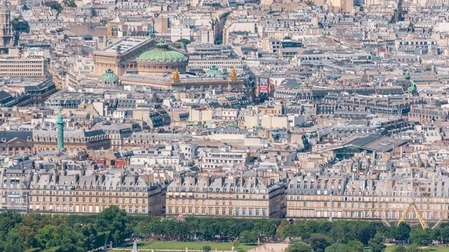 Top view of Paris skyline from observation deck of Montparnasse tower timelapse. Main landmarks of european megapolis. Paris, France