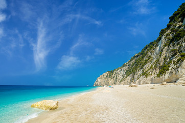 Naklejka na ściany i meble Egremni beach, Lefkada island, Greece. Large and long beach with turquoise water on the island of Lefkada in Greece
