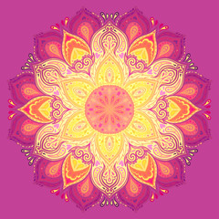 Vector ornamental mandala inspired ethnic art, patterned Indian paisley. Hand drawn illustration. Invitation element. Tattoo, astrology, alchemy, boho, magic.