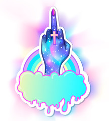Female hand showing middle finger, cloud, rainbow. with galaxy inside. Hand drawn illustration. Occult design vector illustration.