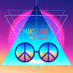 Make love not war. Rainbow hippie sun glasses with peace sign. Vector illustration over sacred geometry background. Modern hipster insignia. Psychedelic concept. Buddhism, trance music.