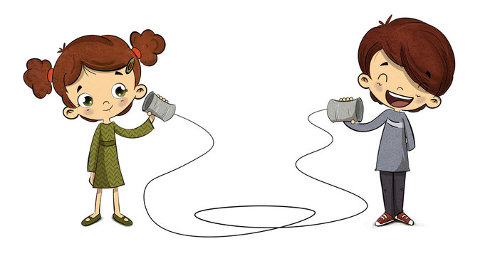 Ni&ntilde;os hablando hablando por un telefono hecho a mano