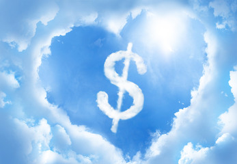 Dollar sign cloudshape inside heart cloud frame on blue sky background.