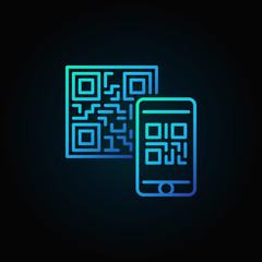 Mobile phone scanning QR code vector blue linear concept icon on