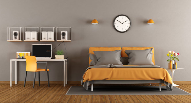 Modern Bedroom With Bed And Desk - 3d Rendering