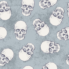 Sketchy style drawing of human skull, human head, seamless pattern. Tattoo design element. Vector illustration.