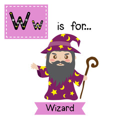 Cute children ABC alphabet W letter tracing flashcard of standing Wizard with staff for kids learning English vocabulary in Happy Halloween Day theme.