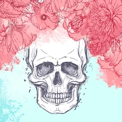 Wall murals Aquarel Skull Human skull with peony, rose and poppy flowers on watercolor background.Tattoo design element. Vector illustration.