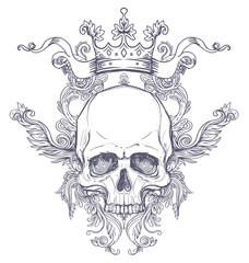 Gothic coat of arms with skull. Vintage label. Retro vector design graphic element. Hand drawn line art. Victorian tattoo template. Isolated vector illustration, design element.