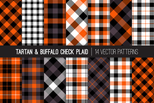 Halloween Tartan and Buffalo Check Plaid Seamless Vector Patterns. Orange, Black, Gray and White Flannel Shirt Fabric Textures. Fall Fashion. Thanksgiving Day Background. Tile Swatches Included.