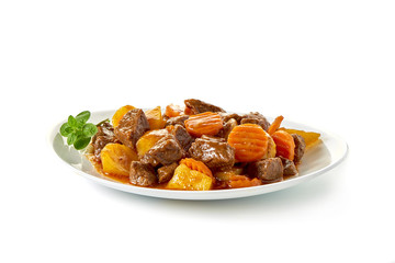 Stew Meat with carrots isolated on white background
