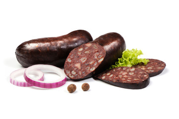 blood sausages with onion isolated on white background