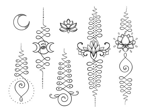 Naklejki Lotus and Sacred Geometry. Unamole hindu symbol of wisdom and path to perfection. Set of tattoo flesh, yoga logo, Buddhism design. Boho print, poster, t-shirt textile. Isolated vector