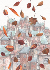 Fototapety  Akwarela ilustracja spadających liści na starym mieście. Miasto stoi na wzgórzu z europejskimi domami z cegły, dachami krytymi dachówką i drewnianymi drzwiami.