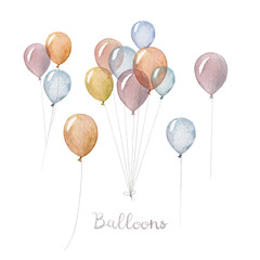 Colorful balloons set hand painted in watercolor. Decoration for a birthday and wedding party, greeting cards and whatever else your imagination creates © Juliautumn