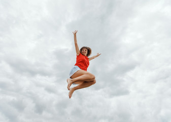 The young girl has won one million, joy, a high jump. Successful examination, excellent results of testing