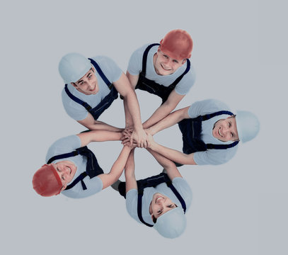 Large group of workers standing in circle top view
