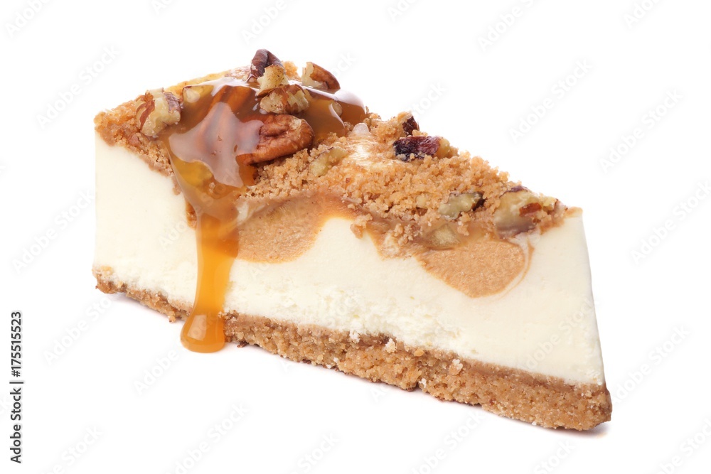 Poster slice of pecan caramel cheesecake isolated on a white background