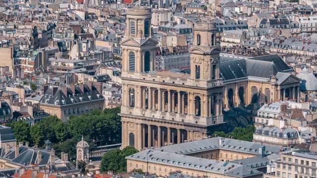 Top view of Paris skyline from observation deck of Montparnasse tower timelapse. Main landmarks of european megapolis. Paris, France