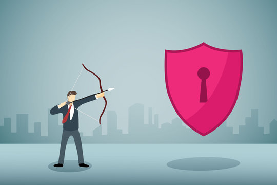 Businessman Aiming bow with arrow to scurity shild.