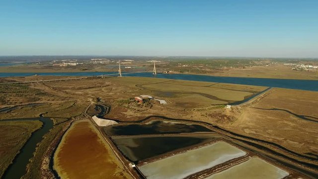 Aerial. Salt marshes view of the sky and river Guadiana. Ayamonte