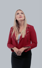 Portrait of  successful  businesswoman  looking up isolated on w