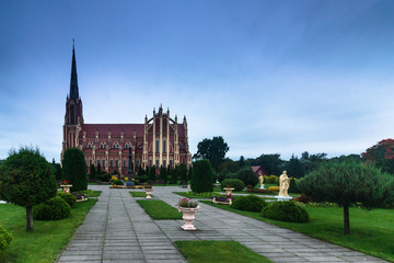 Panoramic view of Holy Trinity catholic church. Gervyaty. Grodno region. Belarus. 