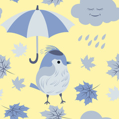Seamless pattern with a bird under an umbrella, autumn leaves and a rain in gray shades on a yellow background.