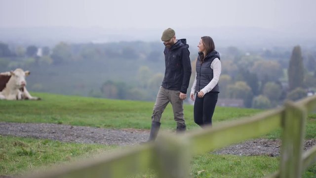  Farming couple walking in the field & checking on herd of cattle