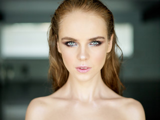Naklejka premium Woman cosmetic closeup beauty portrait, for salon and advertisement beautiful people and healthy care skin and hair.