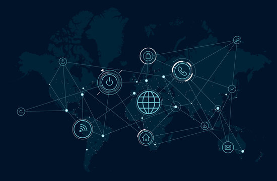 Communications network map of the world, data process activity, wireless technologies
