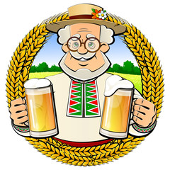 Old brewer with a light beer in glass mugs. Emblem, logo, icon.