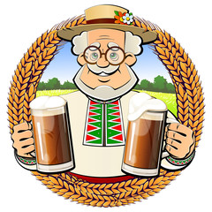 Old brewer with a dark beer in glass mugs. Emblem, logo, icon.
