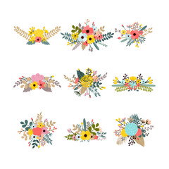 Collection with leaves and flowers. Set of floral bouquets for decoration. Floral design elements. Elegant bouquets for greeting card, wedding, invitation, anniversary