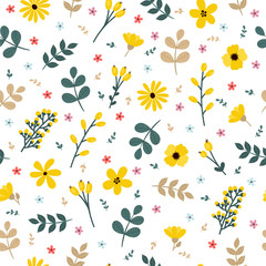 Cute floral seamless pattern with flowers and branches. Elegant template for fashion prints. Spring background